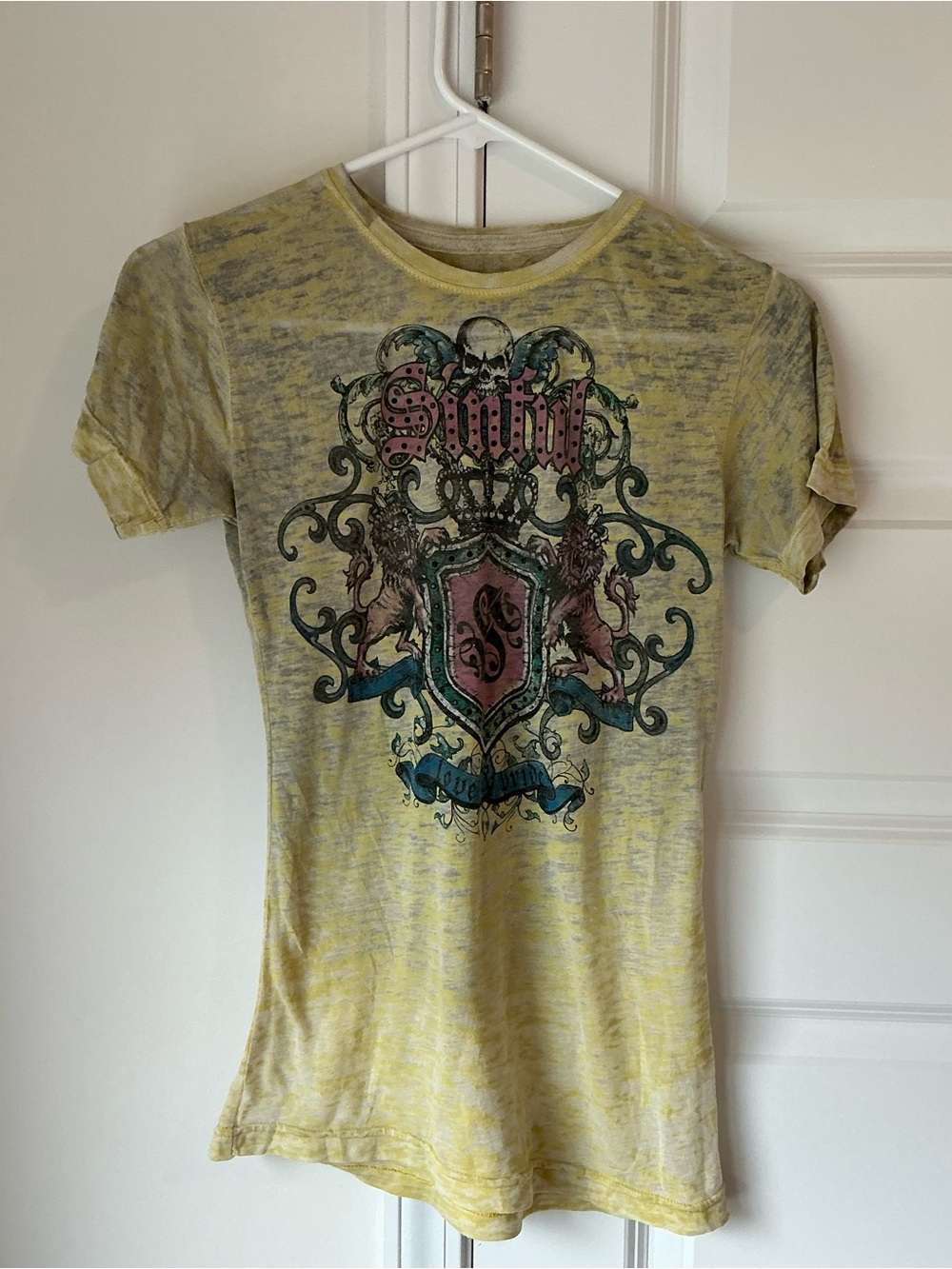 Sinful Yellow Burn outs with raised jewels. Graphic Short Sleeve Tee